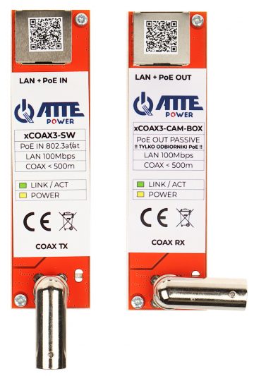 UTP / COAXIAL PĀRVEIDOTĀJU KOMPLEKTS LAN+POE PĀRRAIDEI XCOAX3-SET-BOX KOMPLEKTĀ 2 GAB. ATTE