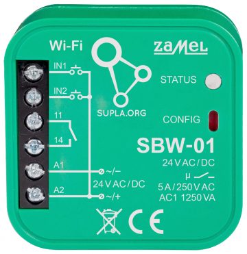 VIEDAIS VĀRTU UN DURVJU KONTROLIERIS SBW-01 Wi-Fi, SUPLA 24 V AC/DC ZAMEL VIEDAIS VĀRTU UN DURVJU KONTROLIERIS SBW-01 Wi-Fi, SUPLA 24 V AC/DC ZAMEL
