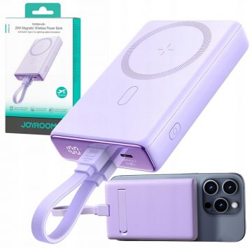 Joyroom powerbank JR-PBM01 10000mAh 20W 1x USB-C 2x Lightning purpurs + kabelis