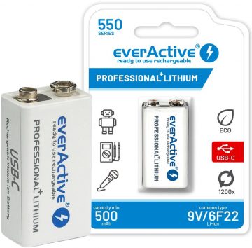 Uzlādējams 6F22 Li-Ion EverActive 9V 550mAh ar USB-C ligzduUzlādējams 6F22 Li-Ion EverActive 9V 550mAh ar USB-C ligzdu