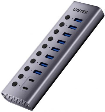 Unitek Hub USB C/USB A 10in1 5Gbps ar pieslēgvietu slēdžiem Unitek Hub USB C/USB A 10in1 5Gbps ar pieslēgvietu slēdžiem