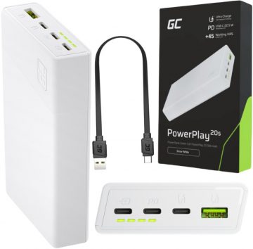 Внешний аккумулятор Green Cell PowerPlay20S 20000 мАч PD 22,5 Вт QC 3.0 3x USB-C Balts