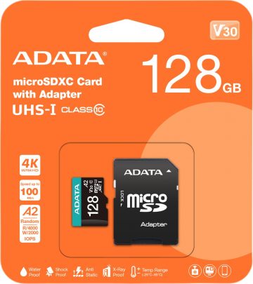 Adata Premier Pro 128 GB UHS1 U3 V30 A2 microSD atmiņas karte + adapterisAdata Premier Pro 128 GB UHS1 U3 V30 A2 microSD atmiņas karte + adapteris