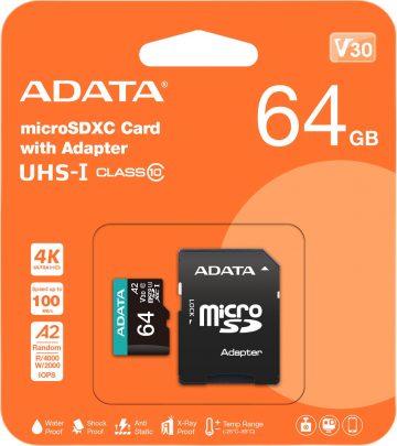 Adata microSD atmiņas karte Premier Pro 64 GB UHS1 U3 V30 A2 + adapterisAdata microSD atmiņas karte Premier Pro 64 GB UHS1 U3 V30 A2 + adapteris