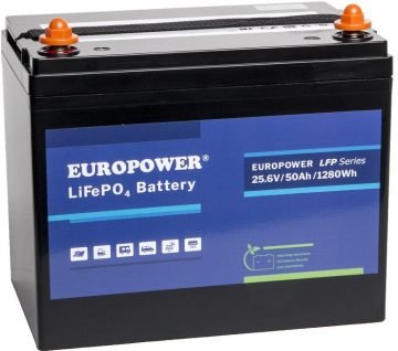 EUROPOWER LFP seeria LiFePO4 aku 25,6V 50Ah (kasutusiga >2000 tsüklit)