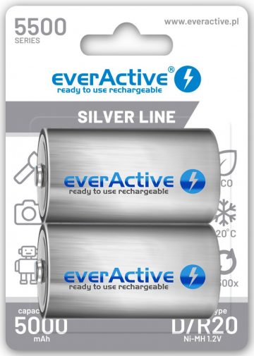 D / R20 Ni-MH uzlādējamās baterijas EverActive 5500mAh Silver Line (2 iepakojumā). D / R20 Ni-MH uzlādējamās baterijas EverActive 5500mAh Silver Line (2 iepakojumā).