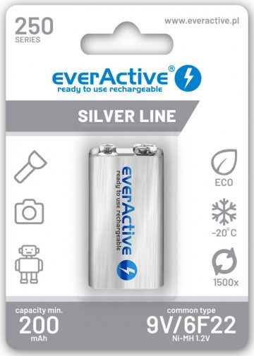 Uzlādējams 6F22 Ni-MH everActive 9V 250mAh Silver Line (1 gab.)