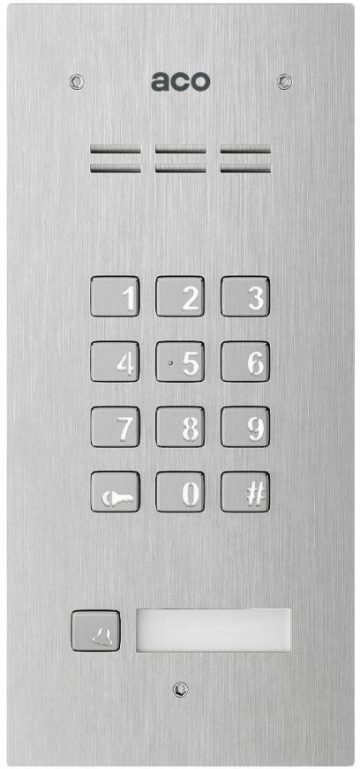 ACO COMO-PRO-CODE-A1 Door entry system COMO-PRO-CODE-A1, audio, 1 call button, code lock, contactless key reader, flush-mounted, stainless steel ACO COMO-PRO-CODE-A1 Door entry system COMO-PRO-CODE-A1, audio, 1 call button, code lock, contactless key reader, flush-mounted, stainless steel