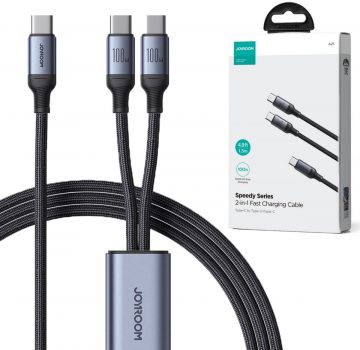2in1 USB-C / 2x USB-C Joyroom Speedy SA21-1T2 150cm 100W pīts kabelis melns2in1 USB-C / 2x USB-C Joyroom Speedy SA21-1T2 150cm 100W pīts kabelis melns