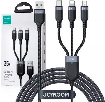 Joyroom 3-in-1 USB-A / USB-C micro-USB Lightning kabelis S-1T3018A18 30cm 3,5A, pīts, melnsJoyroom 3-in-1 USB-A / USB-C micro-USB Lightning kabelis S-1T3018A18 30cm 3,5A, pīts, melns