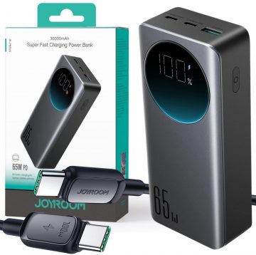 Joyroom Digital Display Powerbank JR-PBF05 30000mAh 65W PD 3.0 QC 3.0 1x USB-A 2x USB-C ar kabeli