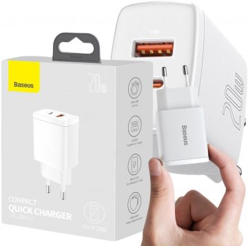 Baseus kompaktne kiirlaadija CCXJ-B02 20W 1x USB-A 1x USB-C PD 3.0 QC 3.0 VALGE