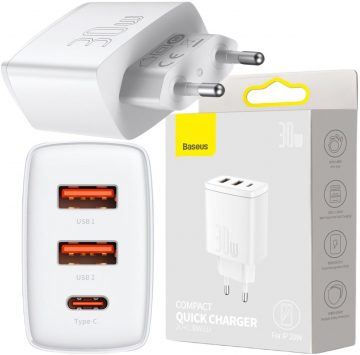 Baseus kompaktne kiirlaadija CCXJ-E02 30W 2x USB-A 1x USB-C PD 3.0 QC 3.0 VALGE