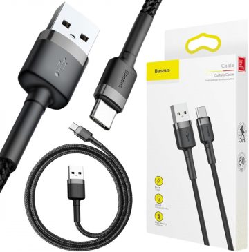 USB-A / USB-C kabelis Baseus Cafule CATKLF-AG1 50cm 3A QC 3.0 BLACK/GREY IN Nylon apvalkā