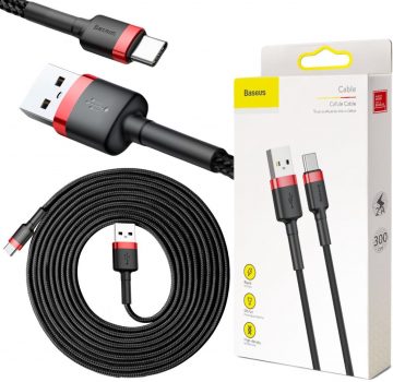 USB-A / USB-C KABELIS Baseus Cafule CATKLF-U91 300cm 2A QC 3.0 melns / sarkans kabelis