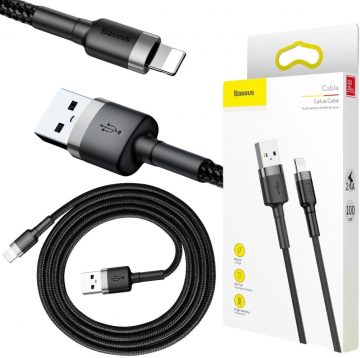 USB-A / Lightning iPhone kabelis Baseus Cafule CALKLF-BG1 100cm Apple 2.4A BLACK/GREY KABELISUSB-A / Lightning iPhone kabelis Baseus Cafule CALKLF-BG1 100cm Apple 2.4A BLACK/GREY KABELIS