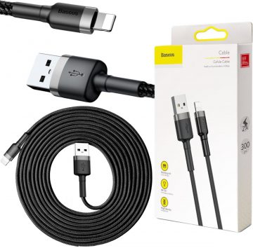 USB-A / Lightning iPhone kabelis Baseus Cafule CALKLF-RG1 300cm Apple 2A BLACK/GREY KABELIS USB-A / Lightning iPhone kabelis Baseus Cafule CALKLF-RG1 300cm Apple 2A BLACK/GREY KABELIS