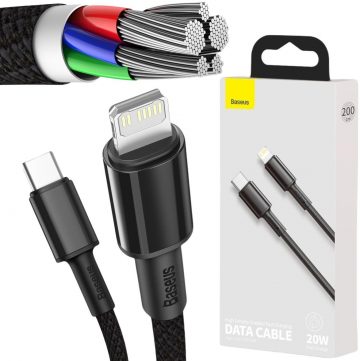 USB-C / Lightning iPhone kabelis Baseus Cafule CATLGD-A01 2m 20W PD Quick Charging BLACK WITH COVERUSB-C / Lightning iPhone kabelis Baseus Cafule CATLGD-A01 2m 20W PD Quick Charging BLACK WITH COVER
