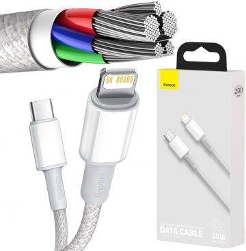 USB-C / Lightning iPhone kabelis Baseus Cafule CATLGD-A02 2m 20W PD Quick Charging WHITE IN COVERUSB-C / Lightning iPhone kabelis Baseus Cafule CATLGD-A02 2m 20W PD Quick Charging WHITE IN COVER