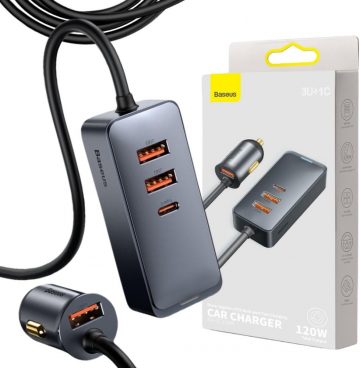 Автомобильное зарядное устройство Baseus Share Together 120 Вт 3 А 3x USB-A 1x USB-C PD 20 Вт QC 3.0 на кабеле