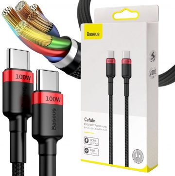 USB-C / USB-C kabelis Baseus Cafule CATKLF-AL91 200cm 100W 5A PD 2.0 QC 3.0 BLACK IN COVERUSB-C / USB-C kabelis Baseus Cafule CATKLF-AL91 200cm 100W 5A PD 2.0 QC 3.0 BLACK IN COVER