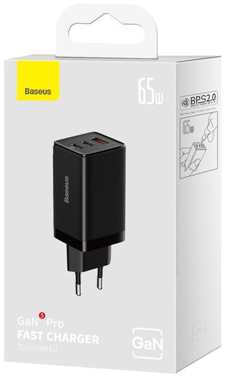 Baseus GaN 5 Pro Fast Charger CCGP120201 65W 1x USB-A 2x USB-C PD 3.0 QC 4.0 + USB-C kabelisBaseus GaN 5 Pro Fast Charger CCGP120201 65W 1x USB-A 2x USB-C PD 3.0 QC 4.0 + USB-C kabelis