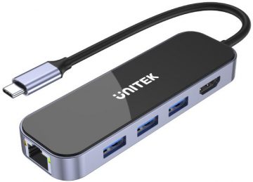 Unitek D1084A USB-C 3.1 RJ-45 3xUSB-A HDMI 4K PD100W šakotuvas Unitek D1084A USB-C 3.1 RJ-45 3xUSB-A HDMI 4K PD100W šakotuvas