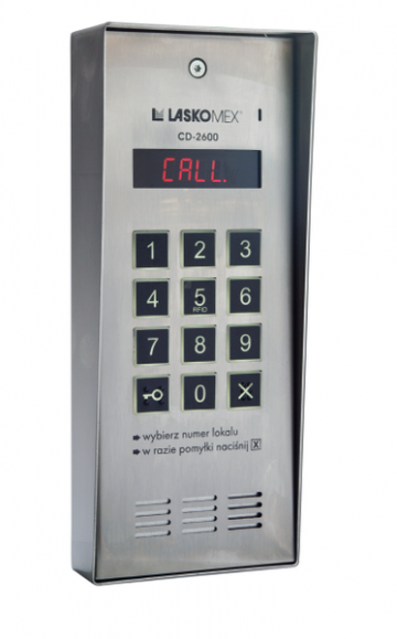 Аудиоаппаратура Laskomex CD-2600R со считывателем RFID-ключей в корпусе из нержавеющей стали, на поверхности.