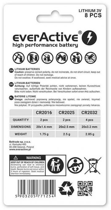 8 3,0 V bateriju komplekts 4x CR2032 2x CR2025 2x CR2016 everActive