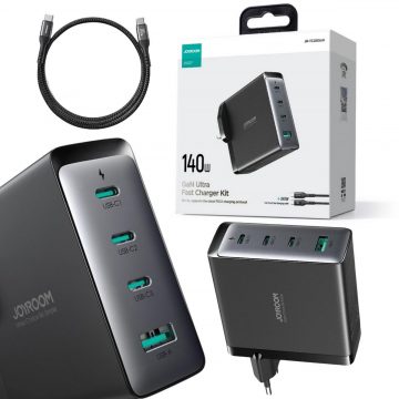 Joyroom GaN Ultra tīkla lādētājs JR-TCG05EU 140W PD 3.0 QC 3.0 3x USB-C 1x USB-A melns + kabelisJoyroom GaN Ultra tīkla lādētājs JR-TCG05EU 140W PD 3.0 QC 3.0 3x USB-C 1x USB-A melns + kabelis