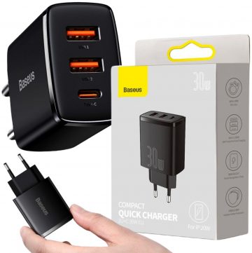 Baseus kompaktiškas greitas įkroviklis CCXJ-E01 30W 2x USB-A 1x USB-C PD 3.0 QC 3.0 BLACK