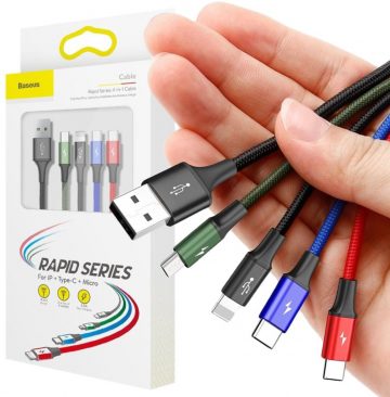 4in1 USB-A / valgustus iPhone 2x USB-C mikro-USB kaabel Baseus Cafule CA1T4-B01 1,2m 3,5A IN COVER
