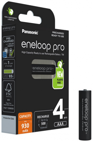 R03 / AAA Panasonic Eneloop PRO 930mAh Ni-MH BK-4HCDE/4BE įkraunamos baterijos (4 vnt. lizdinėje plokštelėje) R03 / AAA Panasonic Eneloop PRO 930mAh Ni-MH BK-4HCDE/4BE įkraunamos baterijos (4 vnt. lizdinėje plokštelėje)
