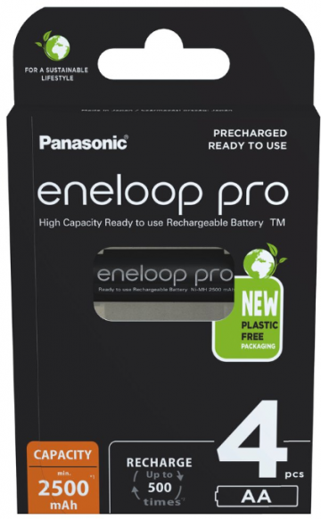 R6 / AA Panasonic Eneloop PRO 2500mAh Ni-MH BK-3HCDE/4BE uzlādējamas baterijas (blisteris ar 4 baterijām).