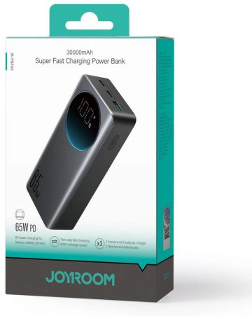 Joyroom Digital Display Powerbank JR-PBF05 30000mAh 65W PD 3.0 QC 3.0 1x USB-A 2x USB-C ar kabeli