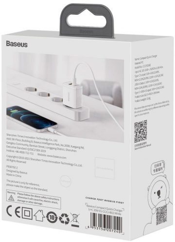 Baseus kompaktne kiirlaadija CCXJ-B02 20W 1x USB-A 1x USB-C PD 3.0 QC 3.0 VALGE
