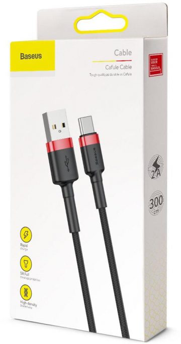 USB-A / USB-C KABELIS Baseus Cafule CATKLF-U91 300cm 2A QC 3.0 melns / sarkans kabelis