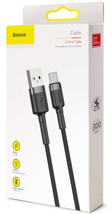 USB-A / USB-C kabelis Baseus Cafule CATKLF-UG1 300cm 3A QC 3.0 BLACK/GREY IN Nylon apvalkā
