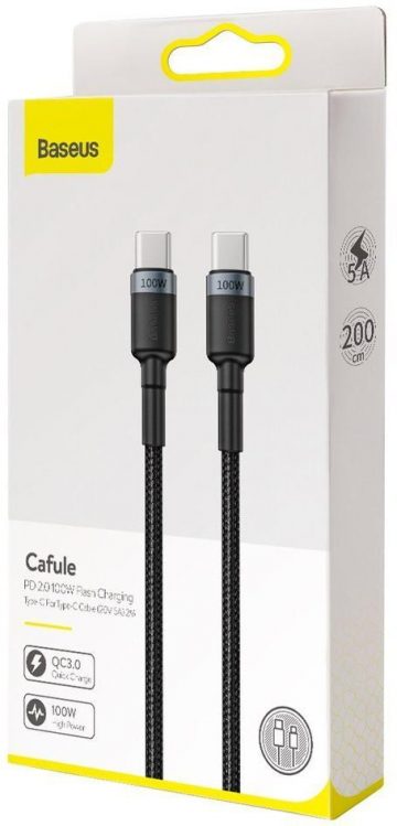 USB-C / USB-C КАБЕЛЬ Baseus Cafule CATKLF-ALG1 200 см 100 Вт 5 А PD 2.0 QC 3.0 ЧЕРНЫЙ/СЕРЫЙ В ЧЕХЛЕ