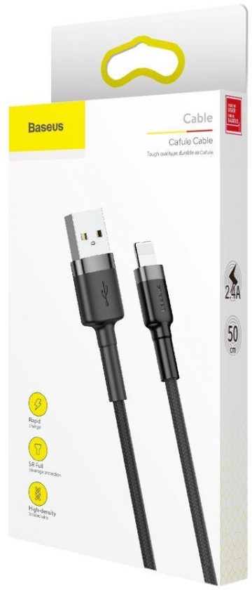 USB-A / Lightning iPhone kabelis Baseus Cafule CALKLF-AG1 50cm Apple 2.4A BLACK/GREY KABELIS