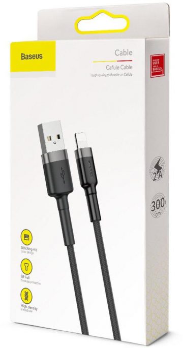 USB-A / Lightning iPhone kabelis Baseus Cafule CALKLF-RG1 300cm Apple 2A BLACK/GREY KABELIS USB-A / Lightning iPhone kabelis Baseus Cafule CALKLF-RG1 300cm Apple 2A BLACK/GREY KABELIS