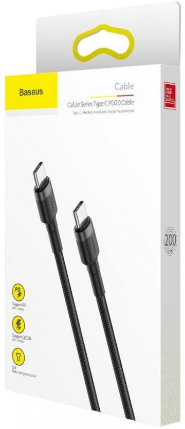 USB-C / USB-C CABLE Baseus Cafule CATKLF-HG1 200cm 60W 3A PD 2.0 QC 3.0 BLACK/GREY IN COVER