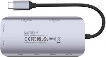 Unitek D1122A01 aktiivne USB-C 5Gbps jaotur, 2x HDMI 4K, kaardilugeja, RJ-45, PD 100W