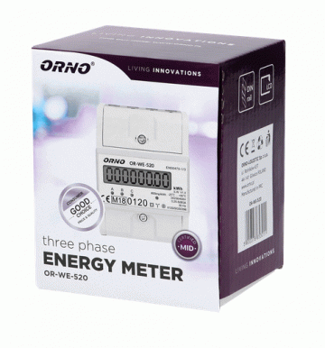 OR-WE-520 ORNO 3-fāžu elektroenerģijas skaitītājs, 80A, MID, 3 moduļi, DIN TH-35mm