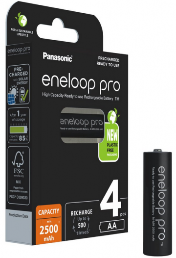 R6 / AA Panasonic Eneloop PRO 2500mAh Ni-MH BK-3HCDE/4BE uzlādējamas baterijas (blisteris ar 4 baterijām).