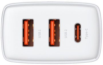 Baseus kompaktne kiirlaadija CCXJ-E02 30W 2x USB-A 1x USB-C PD 3.0 QC 3.0 VALGE