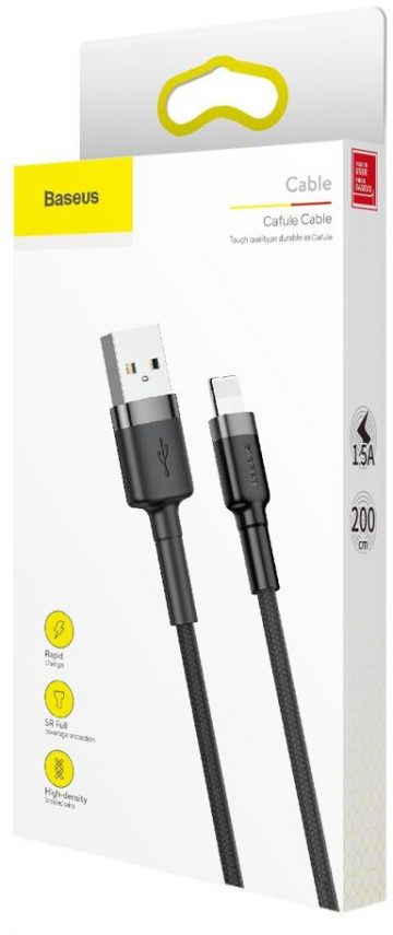 USB-A / Lightning iPhone kabelis Baseus Cafule CALKLF-CG1 200cm Apple 1.5A BLACK/GREY KABELEJS