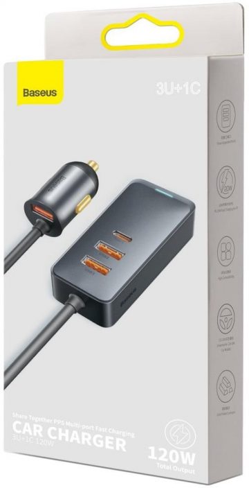 Автомобильное зарядное устройство Baseus Share Together 120 Вт 3 А 3x USB-A 1x USB-C PD 20 Вт QC 3.0 на кабеле