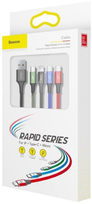 4in1 USB-A / valgustus iPhone 2x USB-C mikro-USB kaabel Baseus Cafule CA1T4-B01 1,2m 3,5A IN COVER