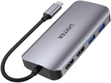 Unitek D1122A01 aktiivne USB-C 5Gbps jaotur, 2x HDMI 4K, kaardilugeja, RJ-45, PD 100W